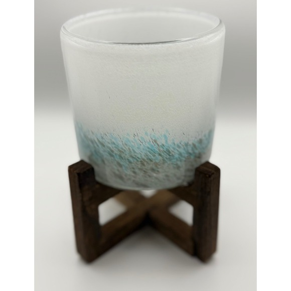 Other - Frosted Ombre Glass Vessel with Wooden X-Base Stand White Blue Coastal Decor